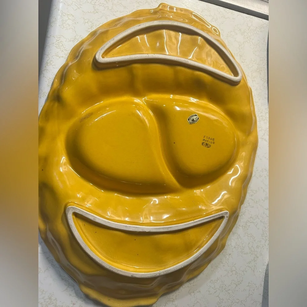 Vintage Mid-Century Modern Glazed Ceramic Divided Serving Tray 3D Fruit Motif